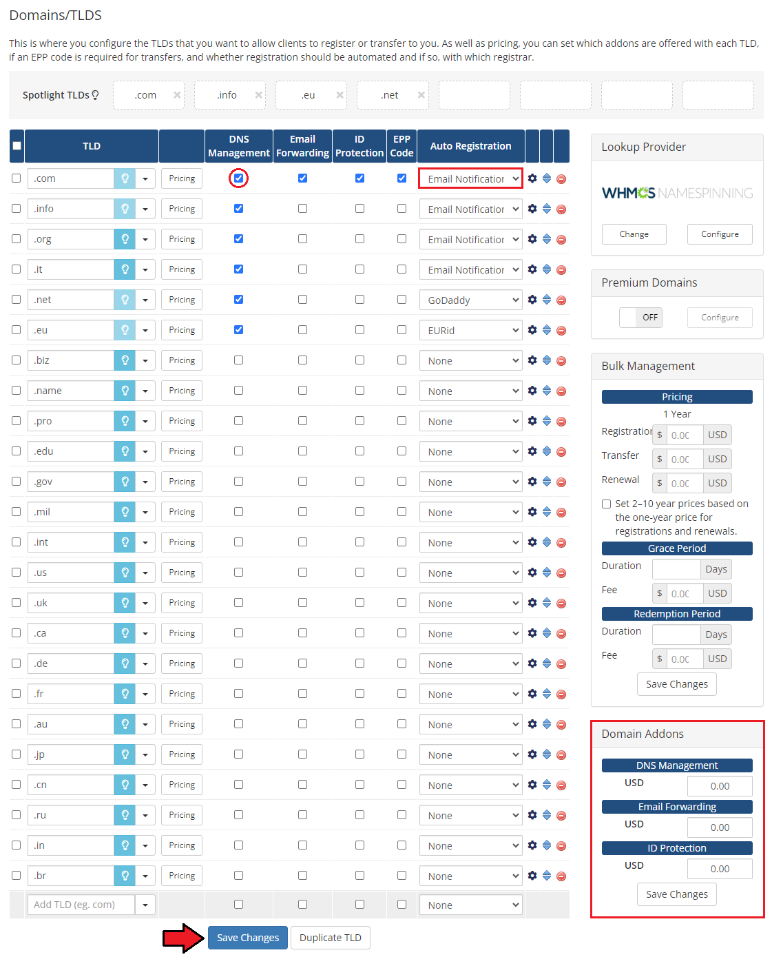 DNS Manager For WHMCS: WHMCS Domains/TLDs page with DNS Management ticked for .com and the Domain Addons pricing table