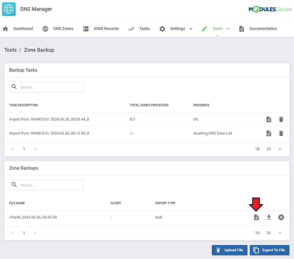 DNS Manager For WHMCS: Zone Backup page with a bulk cPanel backup file in the Zone Backups list and the log icon marked