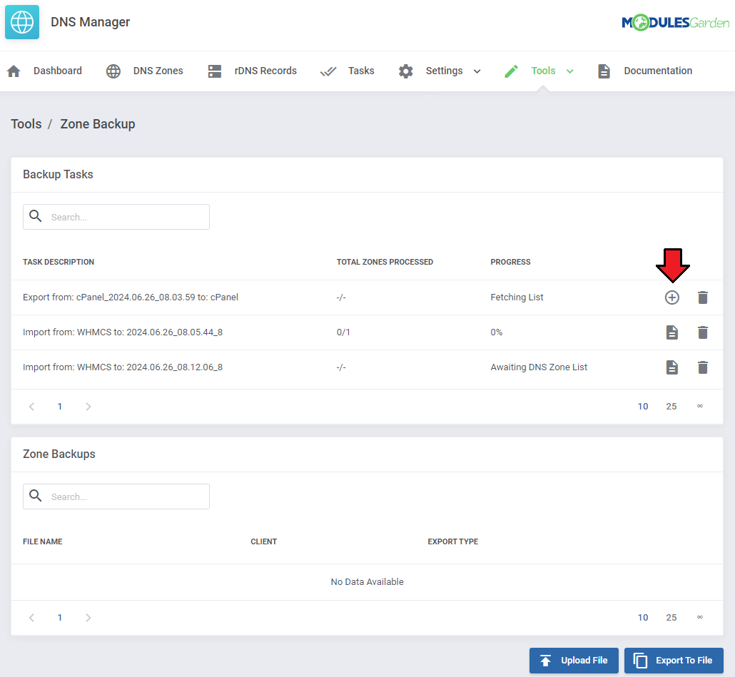 DNS Manager For WHMCS: Zone Backup page with an export task from cPanel fetching its list and the add icon marked