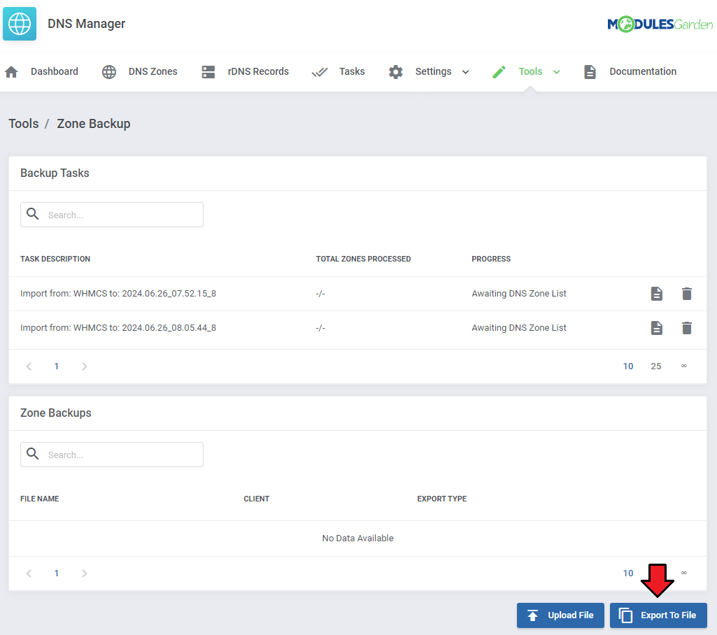 DNS Manager For WHMCS: Zone Backup page with the Export To File button marked with a red arrow