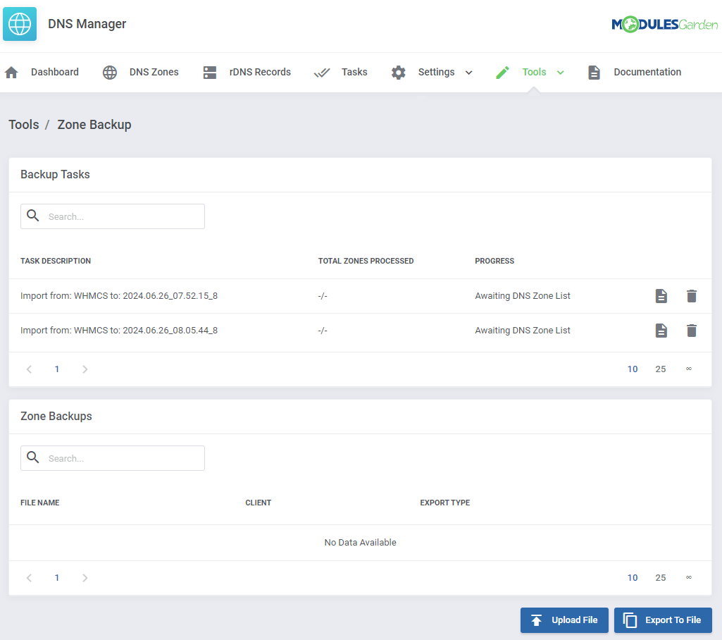 DNS Manager For WHMCS: Zone Backup page with backup tasks, an empty zone backups list and the Export To File button