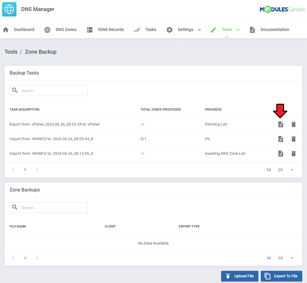 DNS Manager For WHMCS: Zone Backup page with the export task details icon marked in the Backup Tasks list