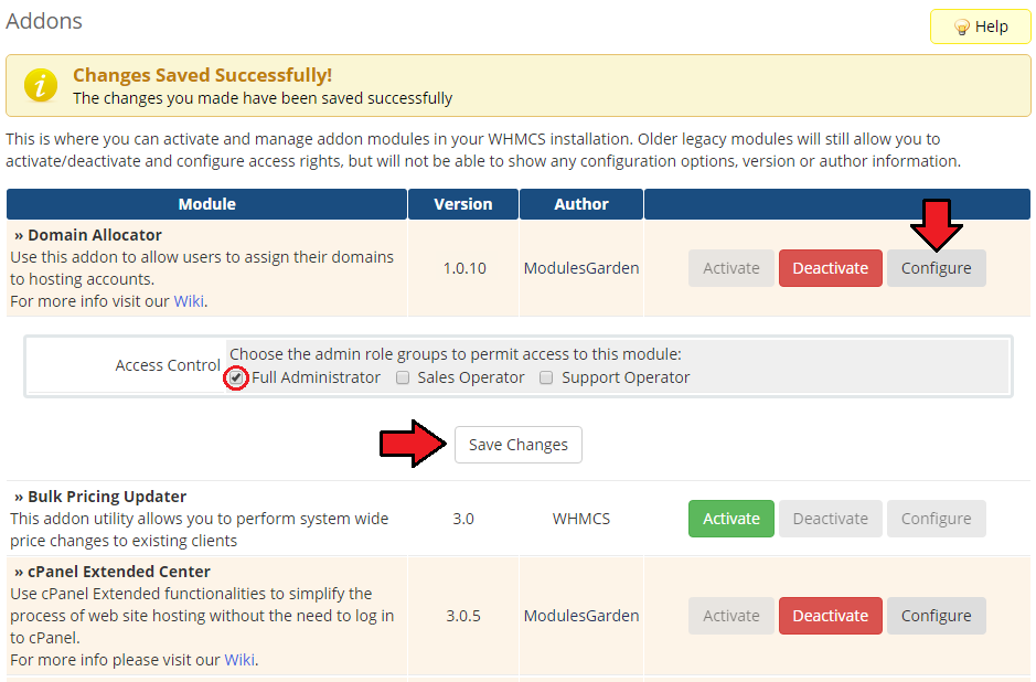 Domain Allocator For WHMCS: WHMCS Addon Modules with Access Control for admin role groups and Save Changes