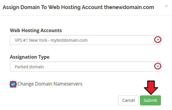 Domain Allocator For WHMCS: admin dialog to assign a domain to a Web Hosting Account with assignment type and Submit