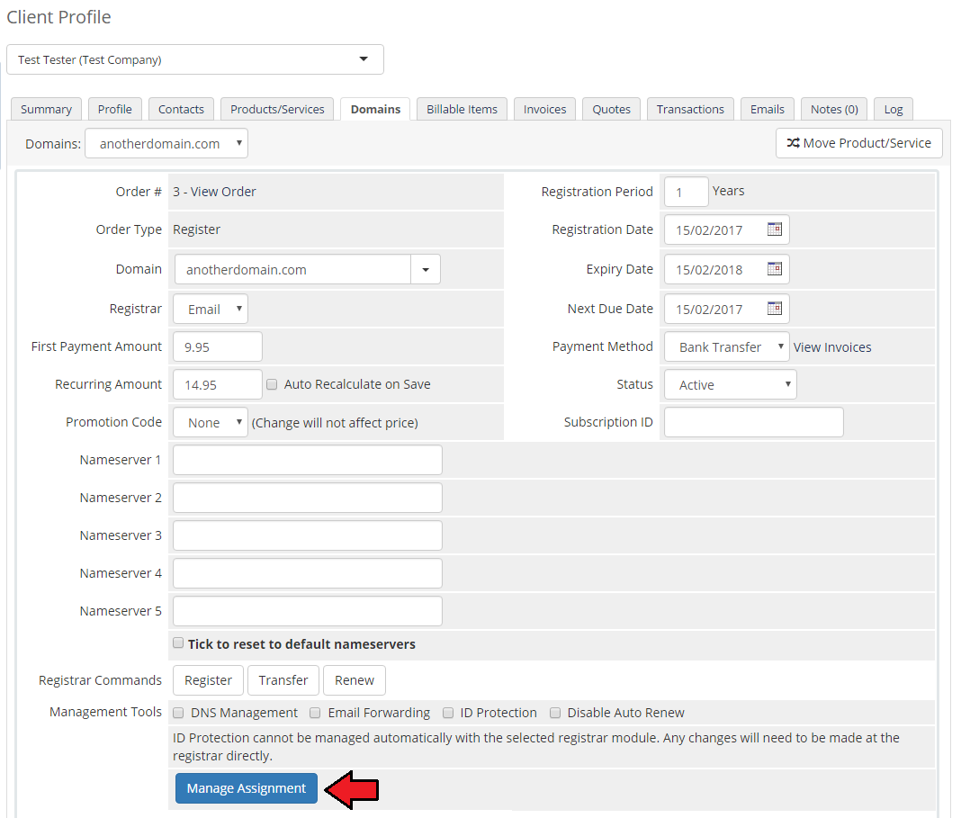Domain Allocator For WHMCS: WHMCS admin Client Profile Domains tab with the Manage Assignment button
