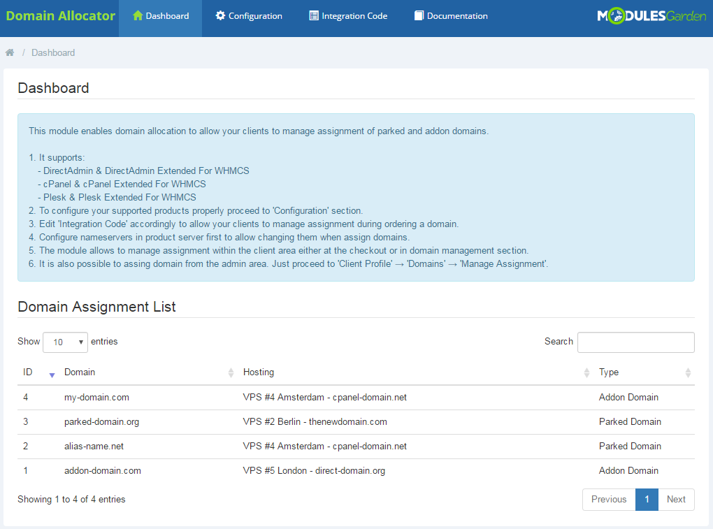 Domain Allocator For WHMCS: module Dashboard in the WHMCS admin area with the summary and Domain Assignment List