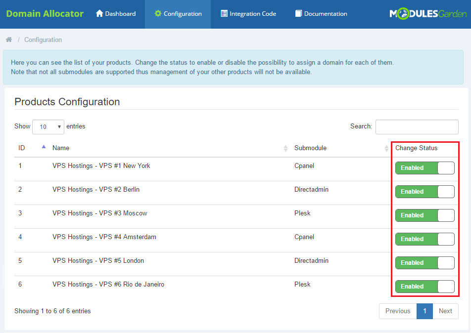Domain Allocator For WHMCS: module Configuration tab with the Products Configuration table and Change Status switches