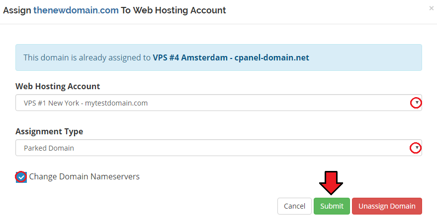 Domain Allocator For WHMCS: client area dialog to pick a new hosting account and assignment type with Submit