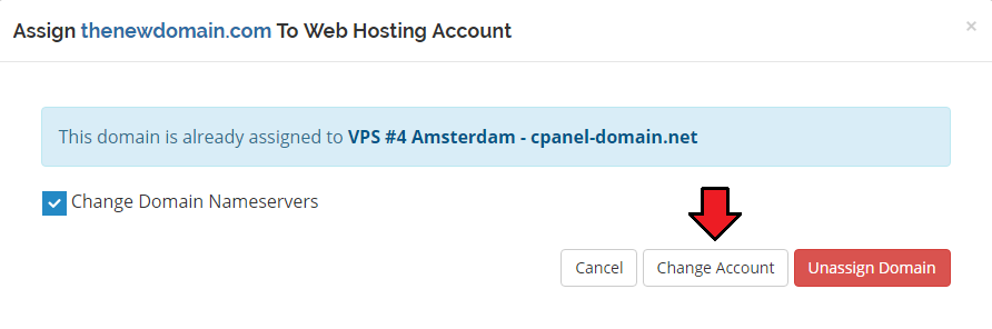 Domain Allocator For WHMCS: client area assignment dialog with the Change Account button