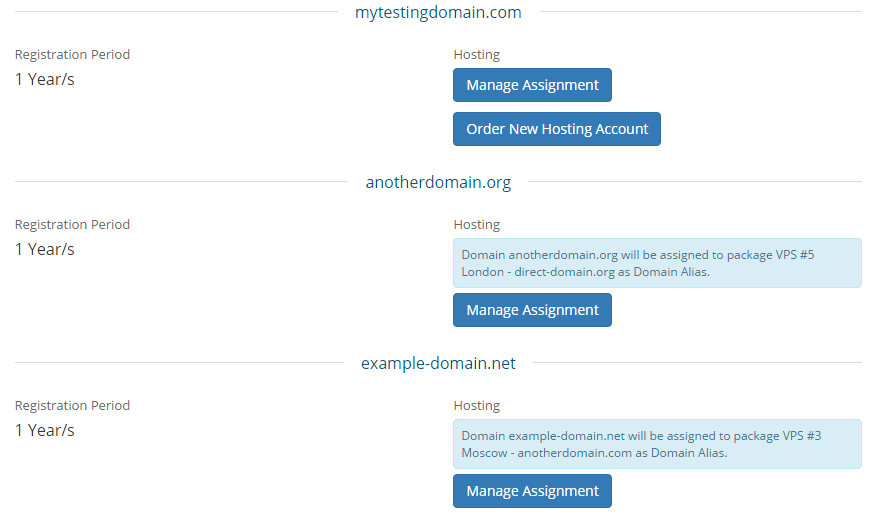 Domain Allocator For WHMCS: WHMCS client area Domains Configuration with Manage Assignment buttons for each domain