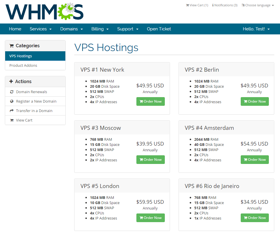 Domain Allocator For WHMCS: client area VPS Hostings product list with Order Now buttons for each plan