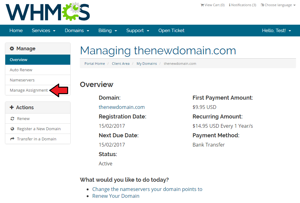 Domain Allocator For WHMCS: client area domain management page with the Manage Assignment link in the side menu