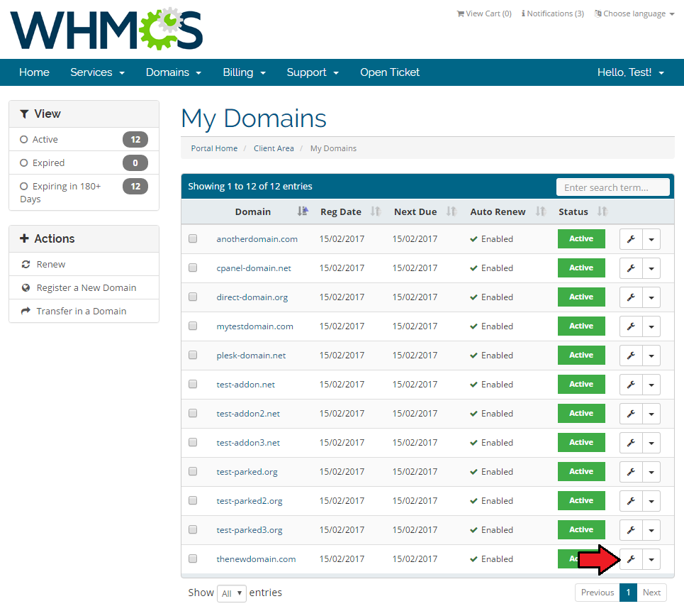 Domain Allocator For WHMCS: WHMCS client area My Domains list with the manage button for a domain