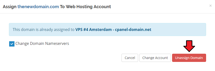 Domain Allocator For WHMCS: client area dialog for an assigned domain with the Unassign Domain button