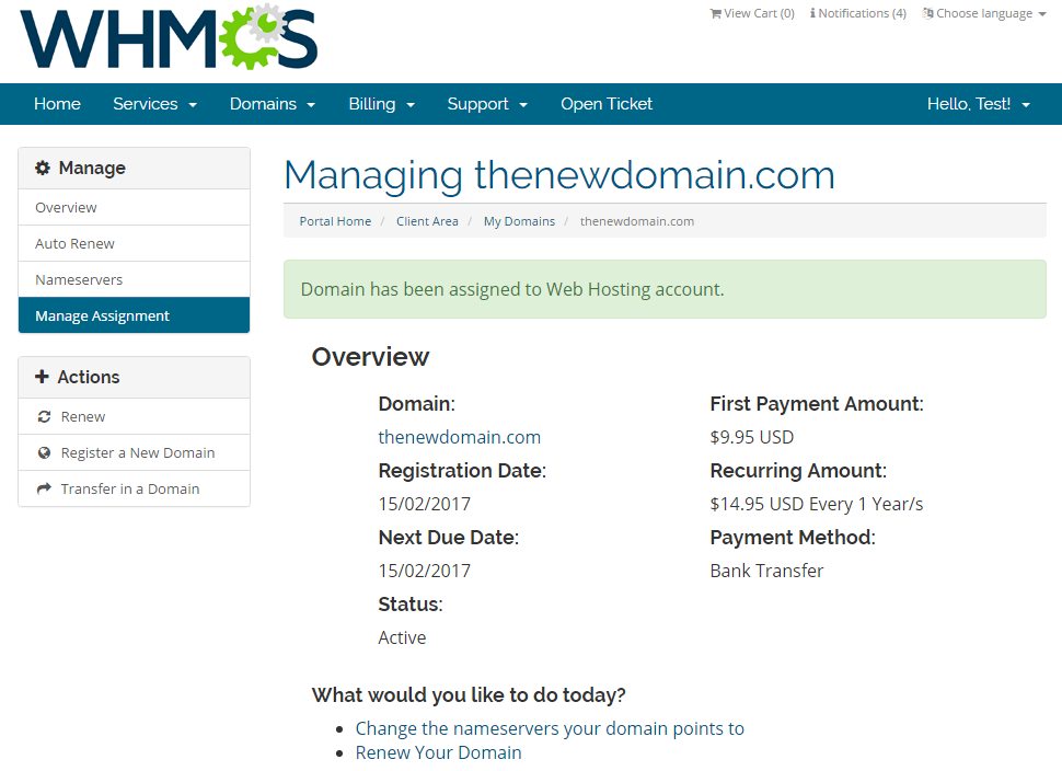 Domain Allocator For WHMCS: client area domain page with the message that the domain was assigned to hosting