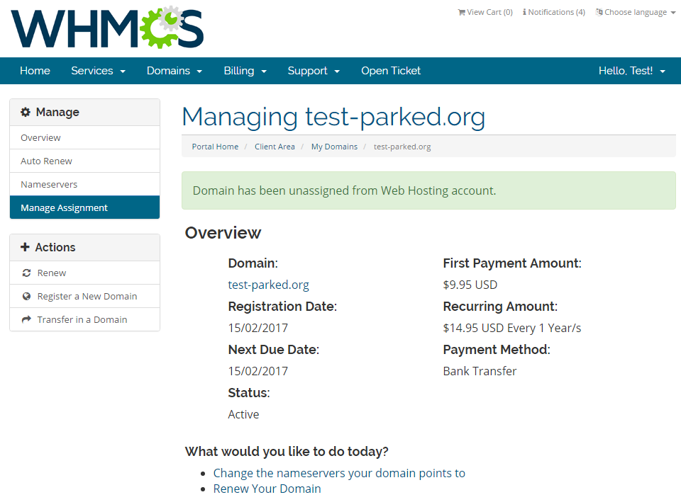 Domain Allocator For WHMCS: client area domain page with the message that the domain was unassigned from hosting