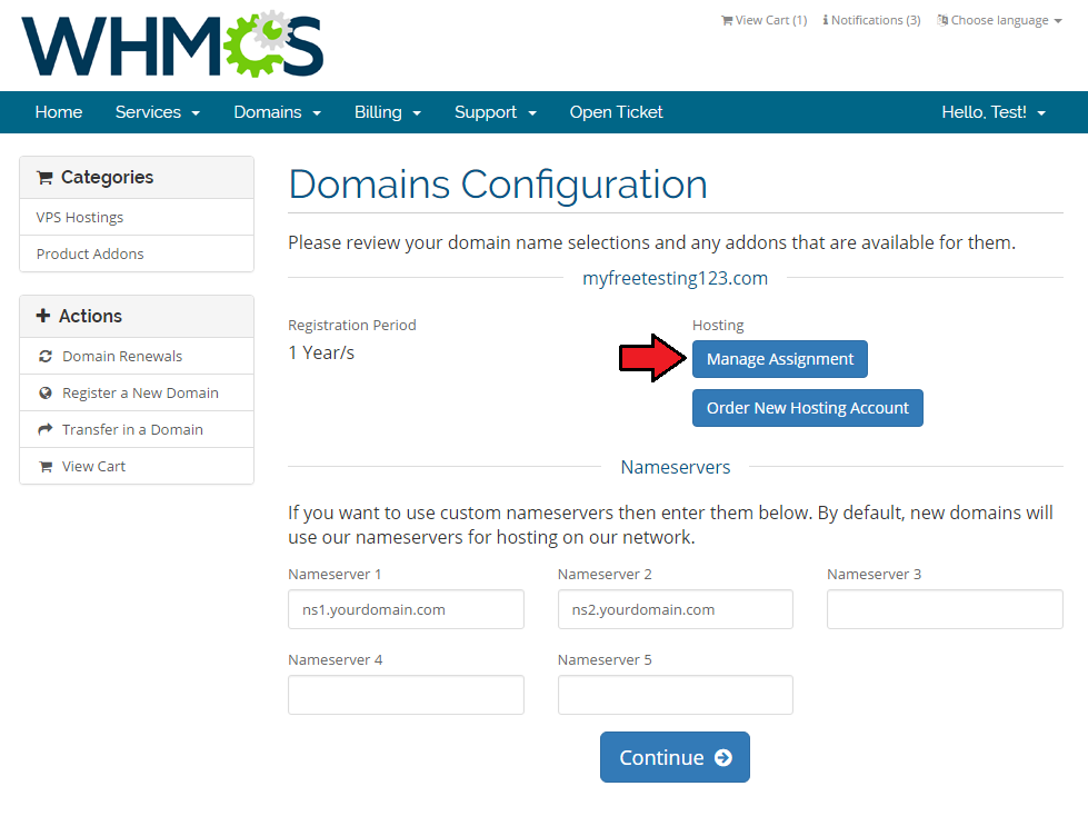 Domain Allocator For WHMCS: client area Domains Configuration with the Manage Assignment button for a new domain