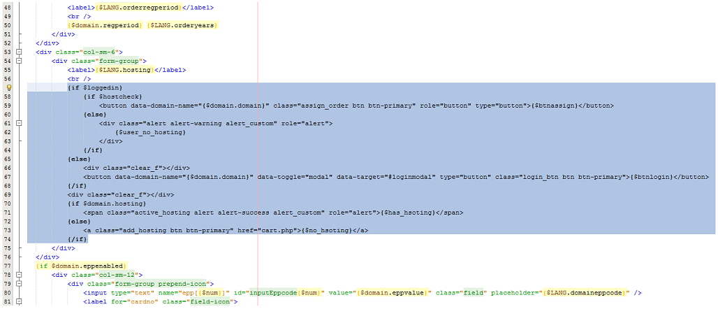 Domain Allocator For WHMCS: code editor with the integration code placed in the domain configuration template