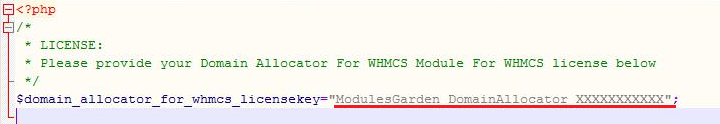 Domain Allocator For WHMCS: license.php in a code editor with the license key entered between quotation marks