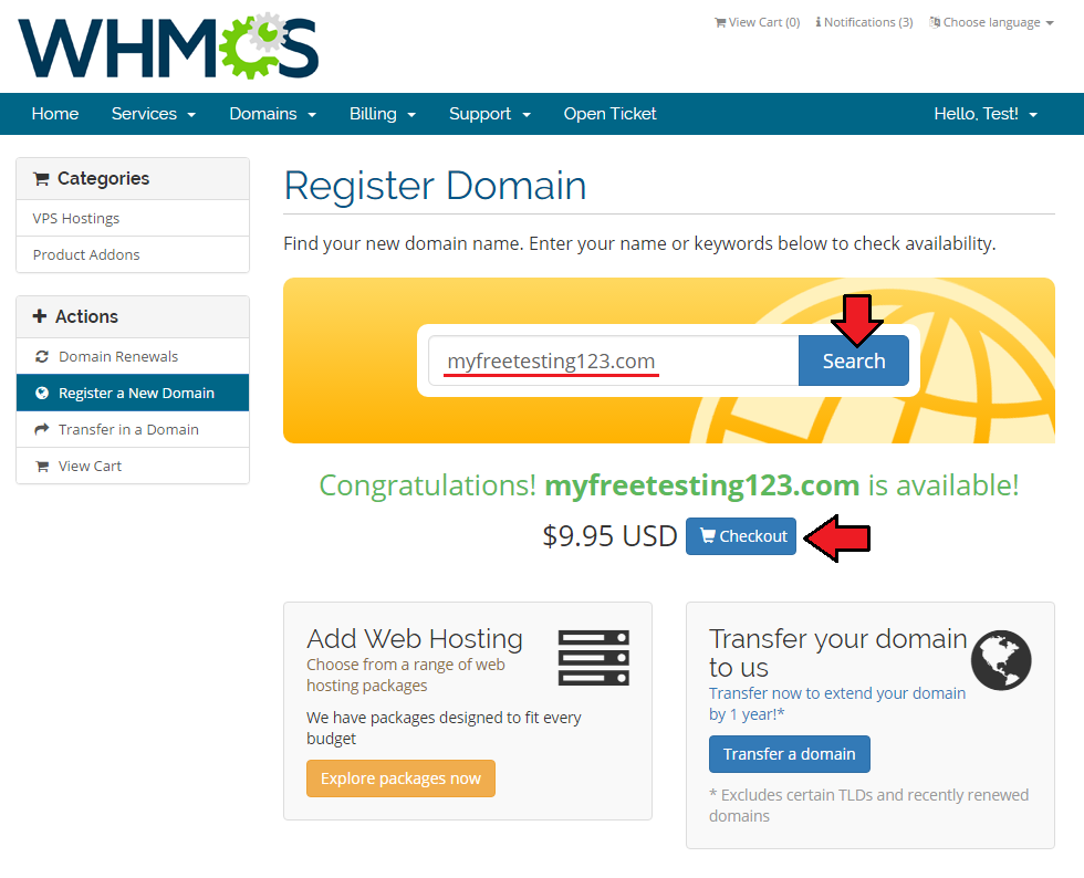 Domain Allocator For WHMCS: client area Register Domain page with a domain search result and the Checkout button
