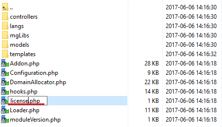 Domain Allocator For WHMCS: file manager showing the module folder with license file being renamed to license.php