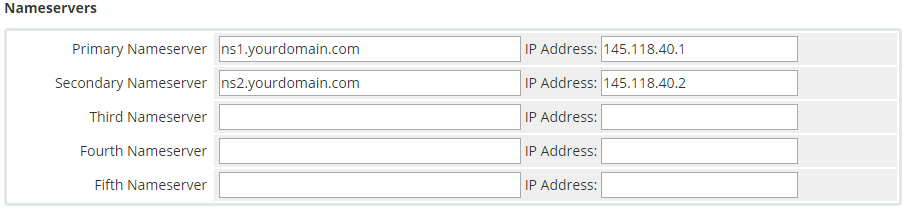 Domain Allocator For WHMCS: WHMCS server settings Nameservers section with primary and secondary nameservers and IPs