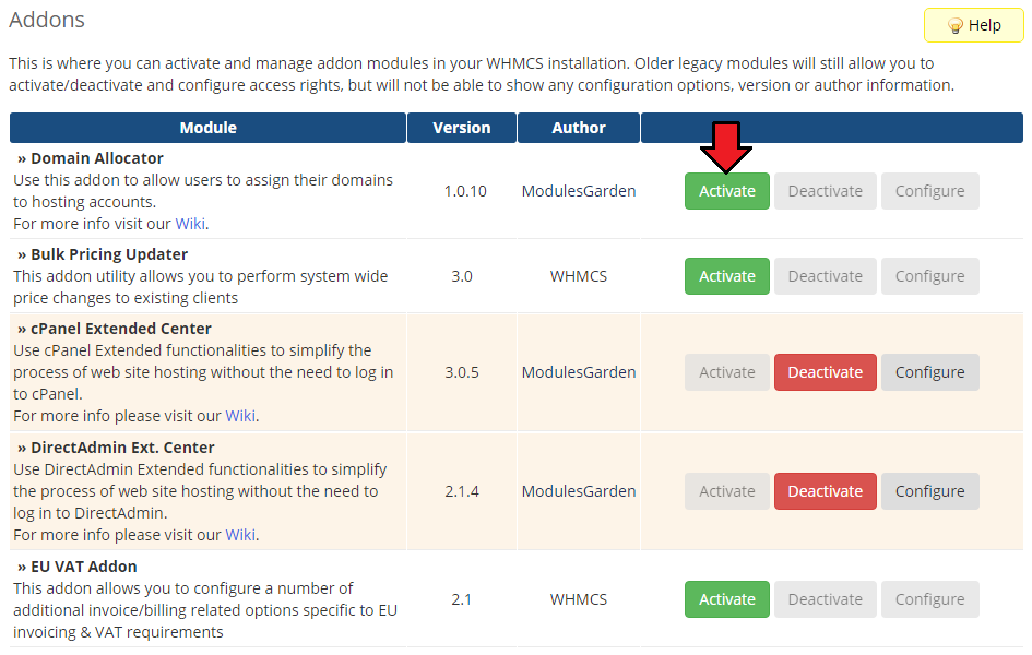 Domain Allocator For WHMCS: WHMCS Addon Modules list with the Activate button next to Domain Allocator