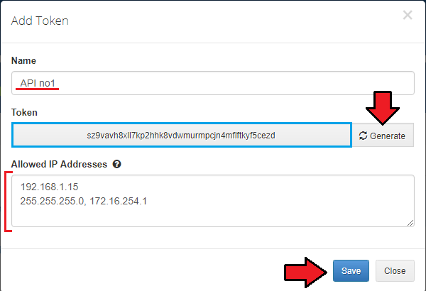Domain And Email Forwarding For WHMCS: Add Token dialog with a name, generated token, allowed IP addresses and Save