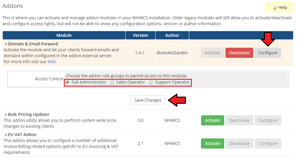 Domain And Email Forwarding For WHMCS: WHMCS Addon Modules access control with Full Administrator ticked and Save