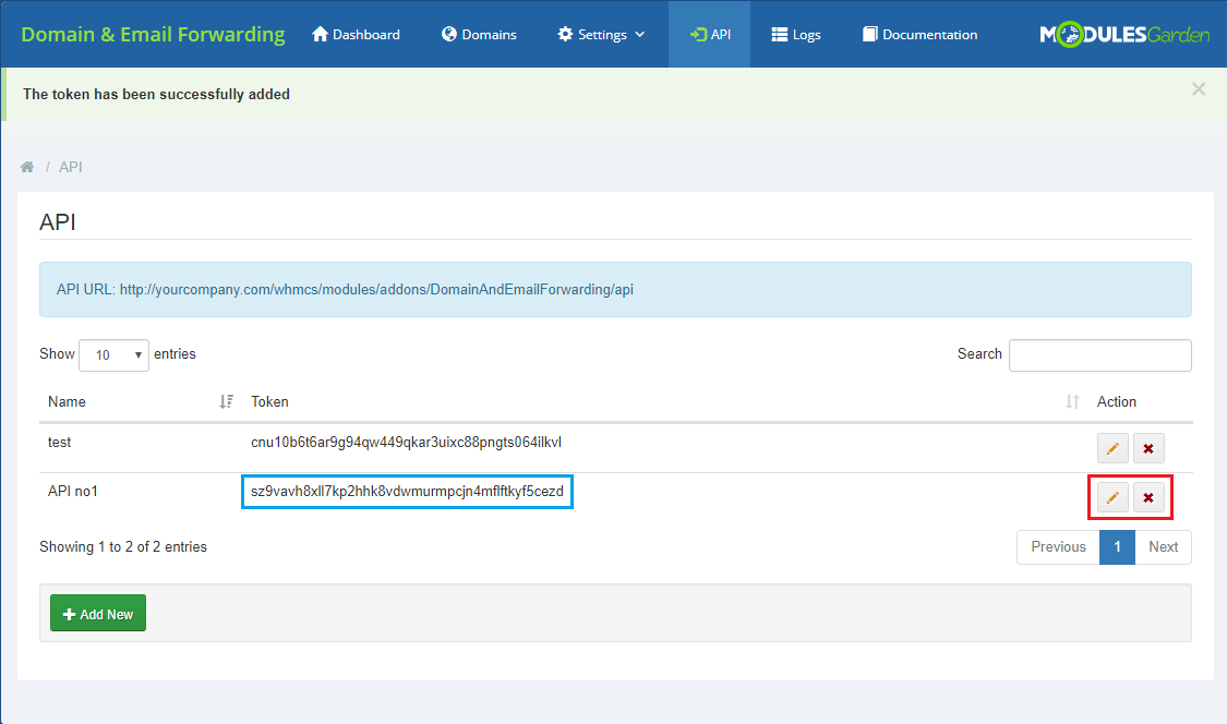 Domain And Email Forwarding For WHMCS: API page with the token added message, the new token and its edit and delete