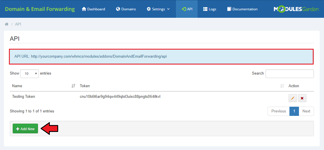 Domain And Email Forwarding For WHMCS: API page with the API URL, the token list and the Add New button