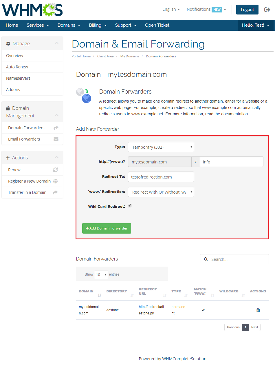 Domain And Email Forwarding For WHMCS: WHMCS client area Add New Forwarder form filled in for a temporary redirect