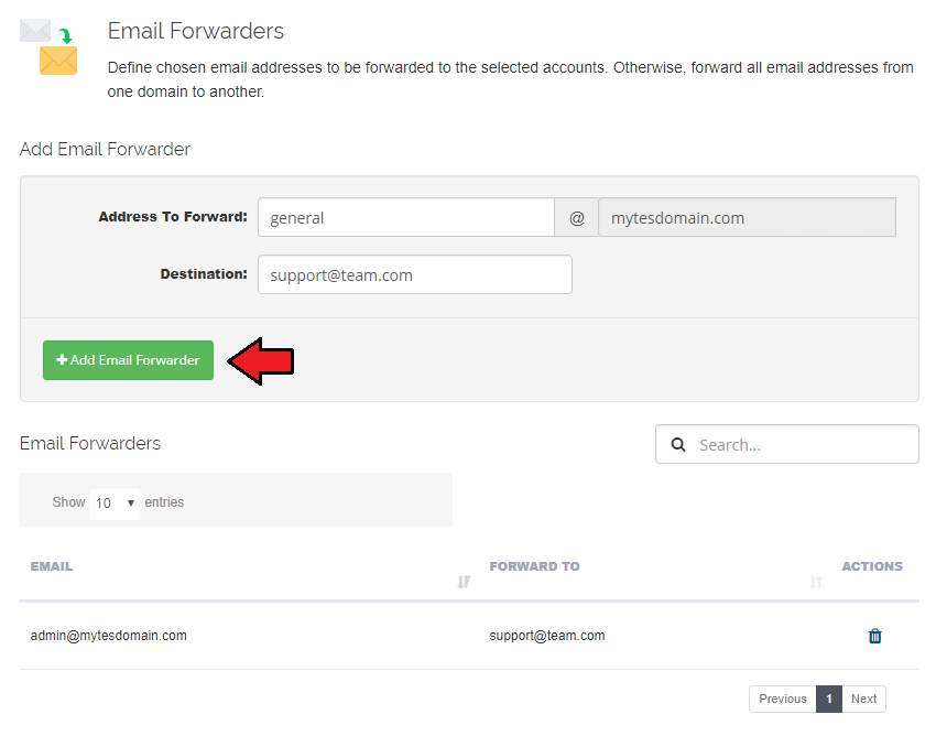 Domain And Email Forwarding For WHMCS: client area Add Email Forwarder form with address, destination and the