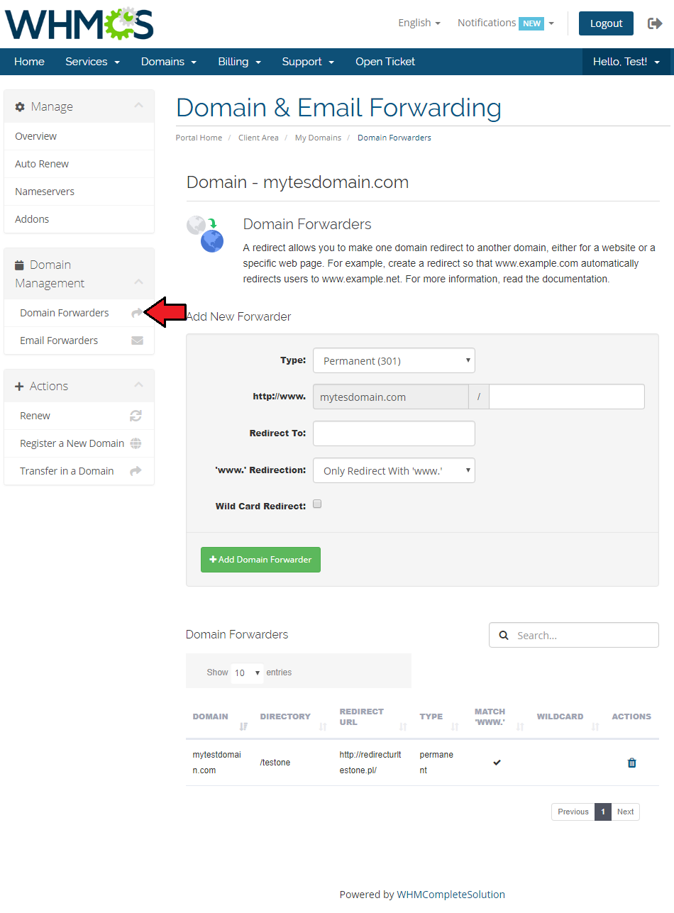 Domain And Email Forwarding For WHMCS: WHMCS client area Domain Forwarders page with the Add New Forwarder form and list