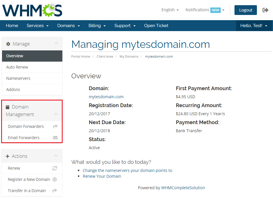 Domain And Email Forwarding For WHMCS: WHMCS client area domain details with the Domain Management box and forwarder