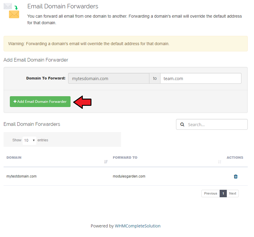 Domain And Email Forwarding For WHMCS: client area Email Domain Forwarders form with a domain to forward and the Add