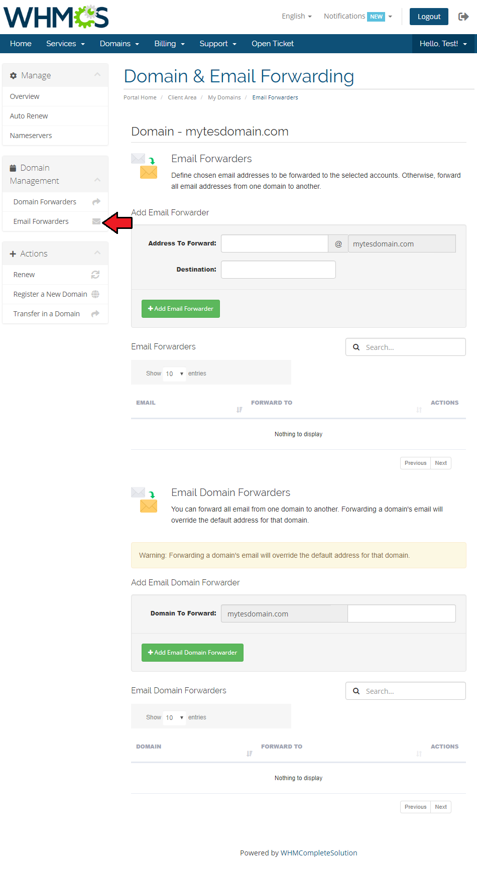Domain And Email Forwarding For WHMCS: WHMCS client area Email Forwarders page with forwarder and domain forwarder forms