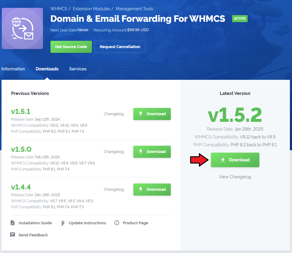 Domain And Email Forwarding For WHMCS: client area product page with the Download button for the latest module version