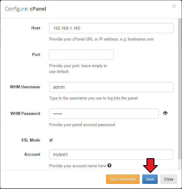 Domain And Email Forwarding For WHMCS: Configure cPanel dialog with connection details filled in and the Save button