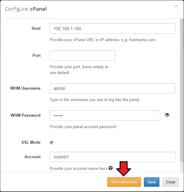 Domain And Email Forwarding For WHMCS: Configure cPanel dialog with host and account fields and the Test Connection