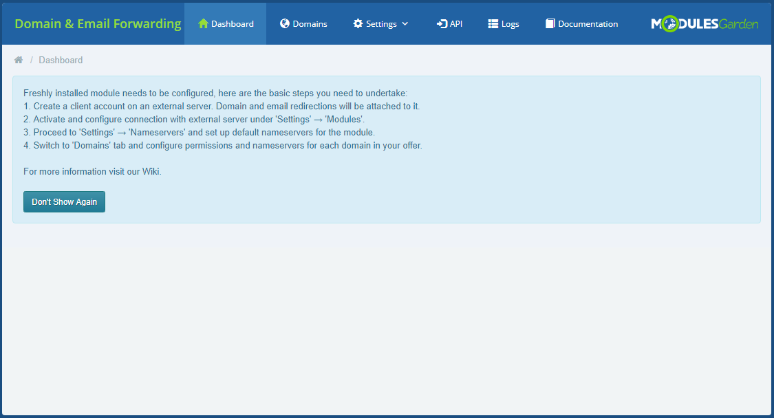 Domain And Email Forwarding For WHMCS: module dashboard with the setup steps and the Don't Show Again button