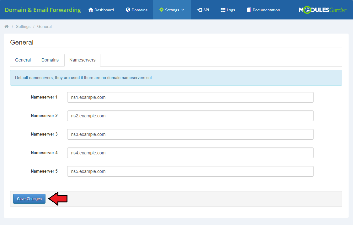 Domain And Email Forwarding For WHMCS: Settings General Nameservers tab with five default nameservers and Save Changes