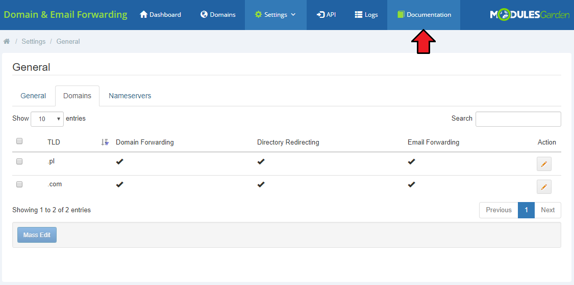 Domain And Email Forwarding For WHMCS: module menu bar in the WHMCS admin area with the Documentation button highlighted