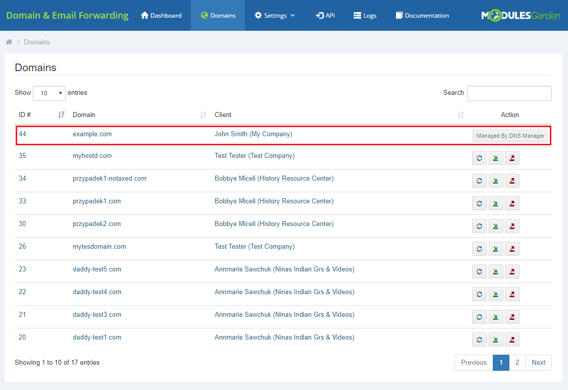 Domain And Email Forwarding For WHMCS: module Domains page with a domain marked as Managed By DNS Manager