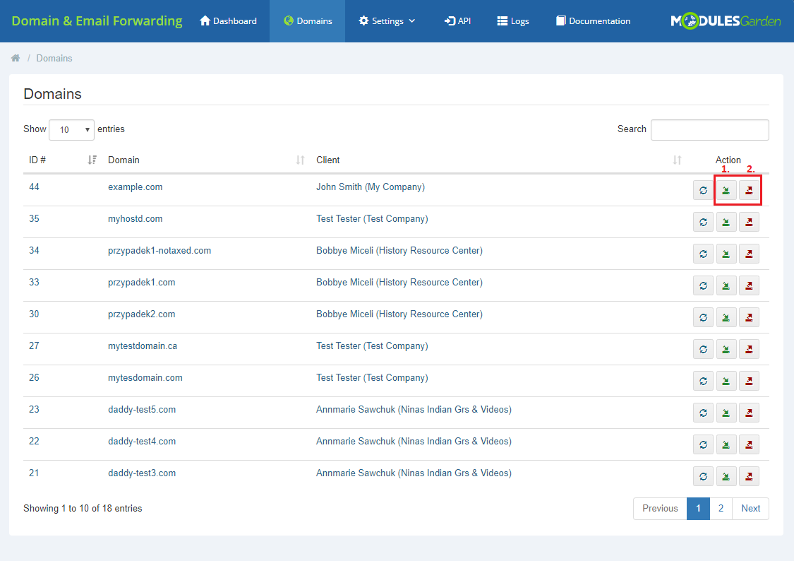 Domain And Email Forwarding For WHMCS: Domains page with the park (1) and unpark (2) action buttons marked for a domain