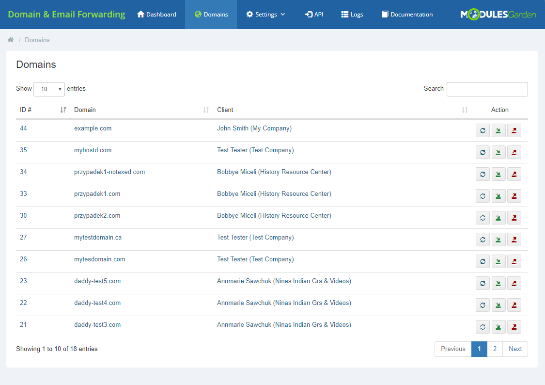 Domain And Email Forwarding For WHMCS: module Domains page listing all existing domains with their clients and action