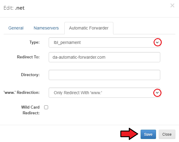 Domain And Email Forwarding For WHMCS: Edit .net dialog, Automatic Forwarder tab with redirect type and target fields