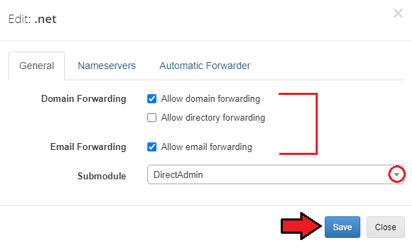 Domain And Email Forwarding For WHMCS: Edit .net dialog, General tab with forwarding options and the Submodule list