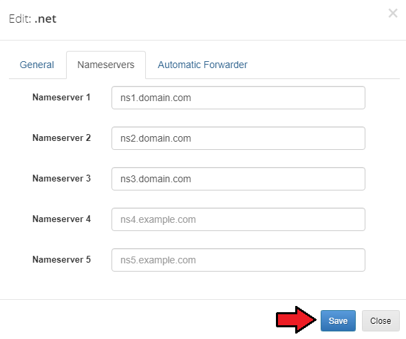 Domain And Email Forwarding For WHMCS: Edit .net dialog, Nameservers tab with custom nameservers for one TLD
