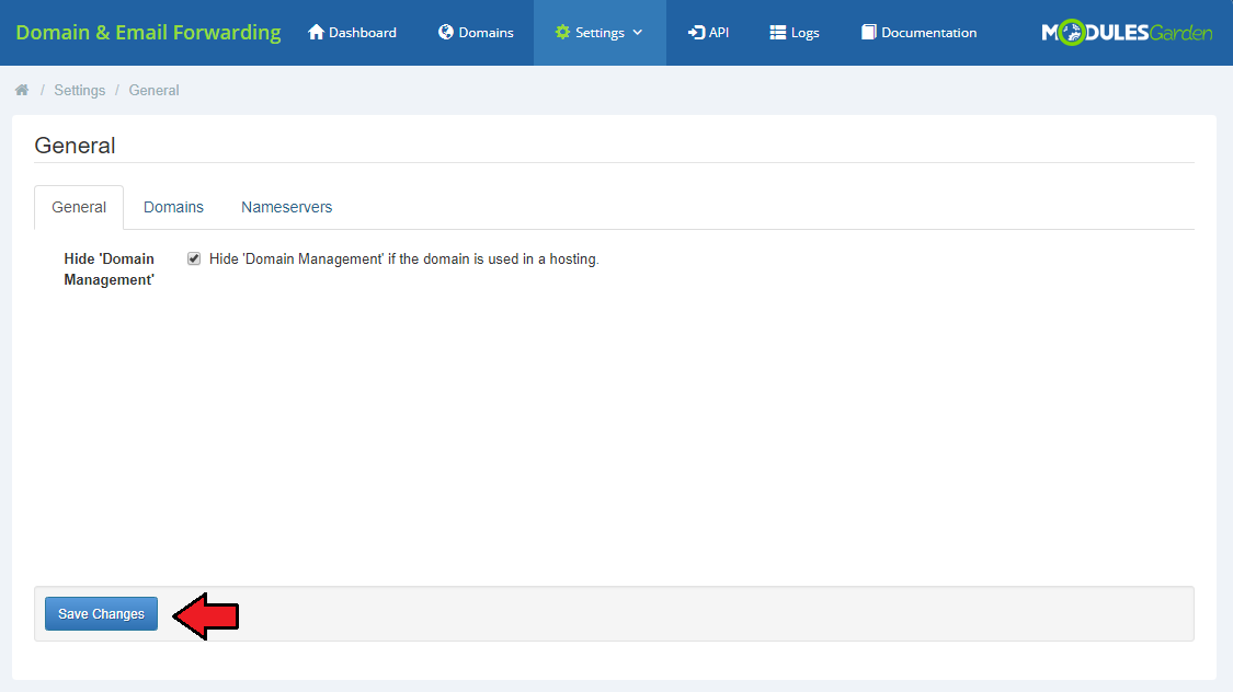 Domain And Email Forwarding For WHMCS: Settings General tab with the option to hide Domain Management and Save Changes